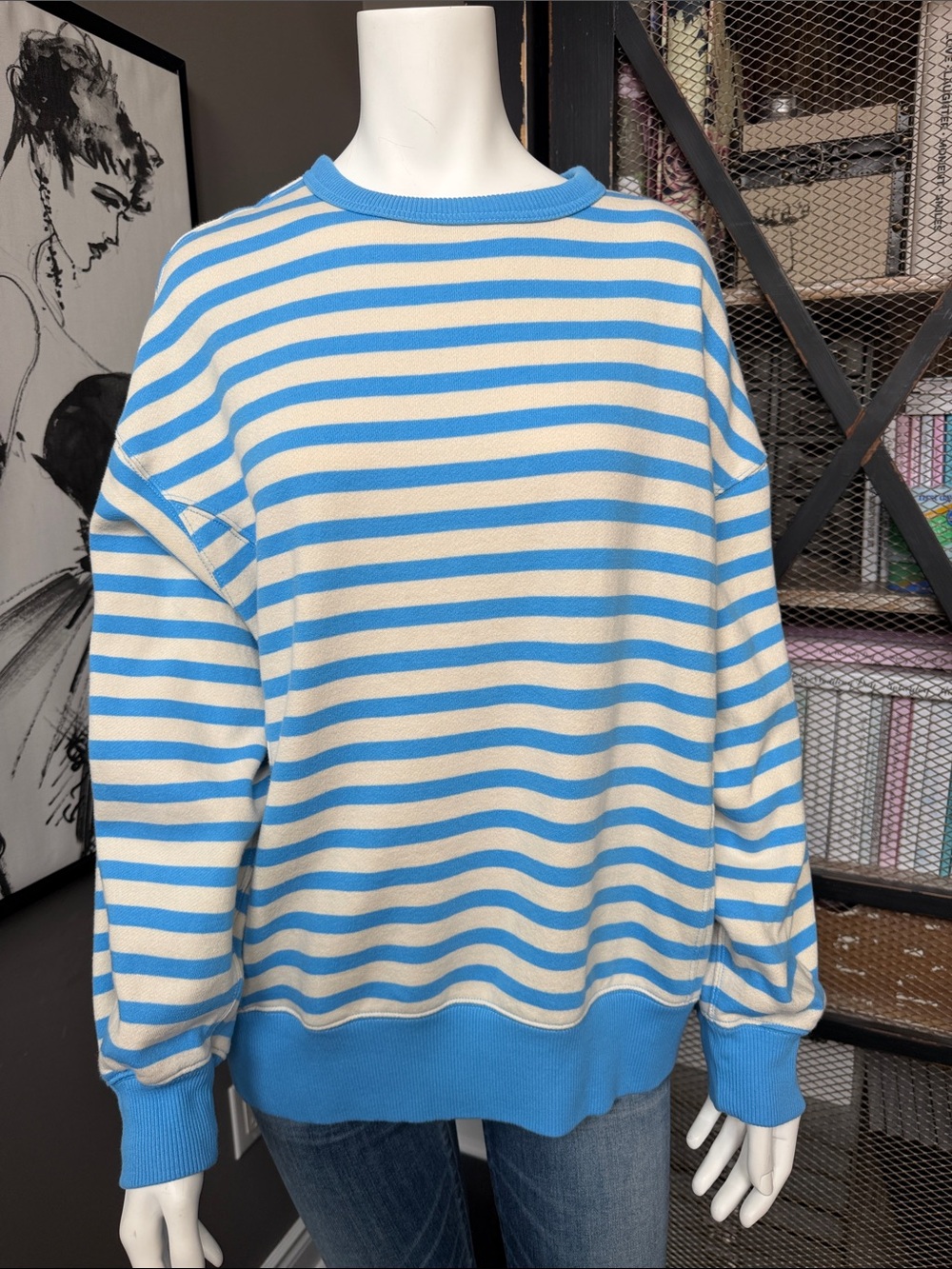 aerie Blue and Cream Striped Crewneck Sweater